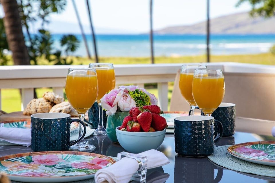 Breakfast on the upper Lanai with Ocean and property views