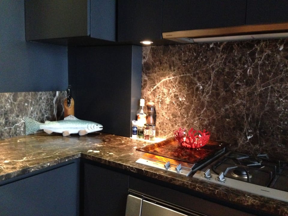 Kitchen detail showing gas stove and large Gaggeneau electric oven.