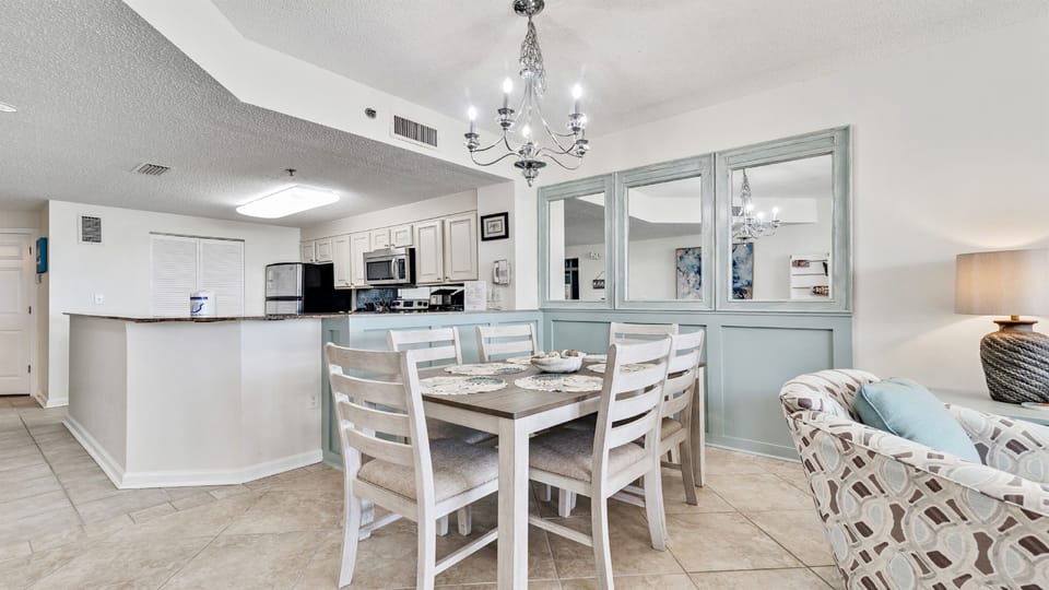Family meals can be had at the dining table set for 6