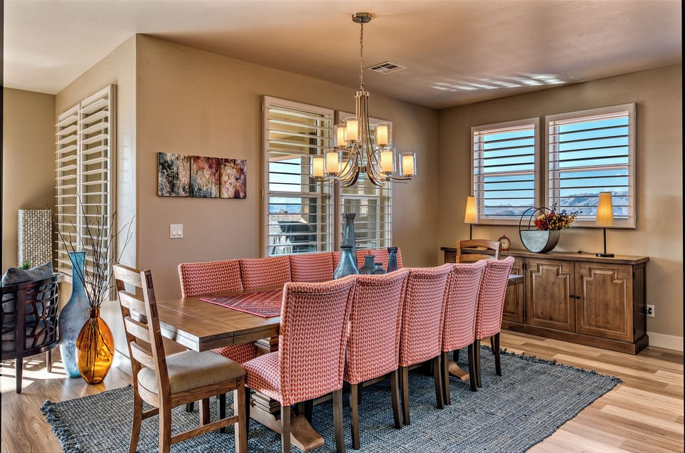 Dining Table - The beautiful wood dining room set can comfortably seat 12 people.