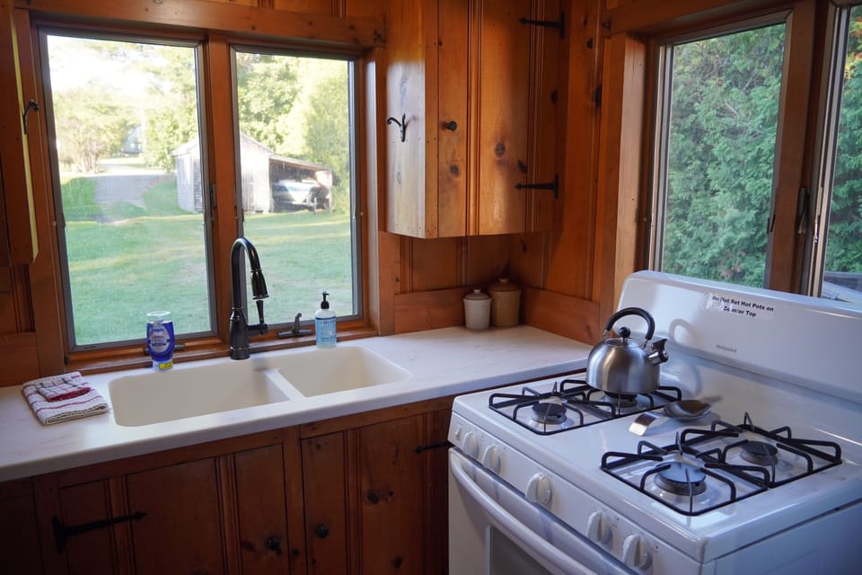 Cozy kitchen with view of toy shed