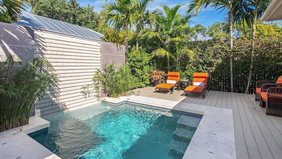 The private pool is heated with a gorgeous waterfall feature...