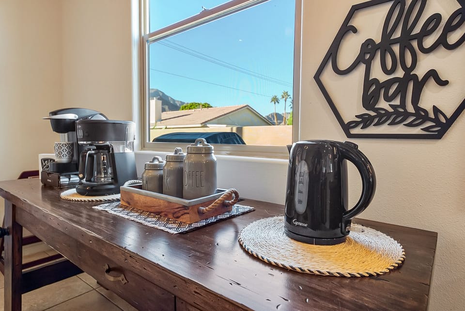 Coffee Bar with  Keurig & 12 Cup Drip Maker and coffee for your 1st day.