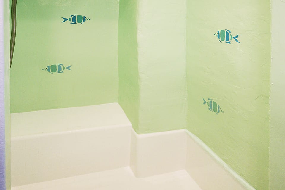 Pristine Shower with PowerSpray Shower-Head, built-in bench, and painted fish