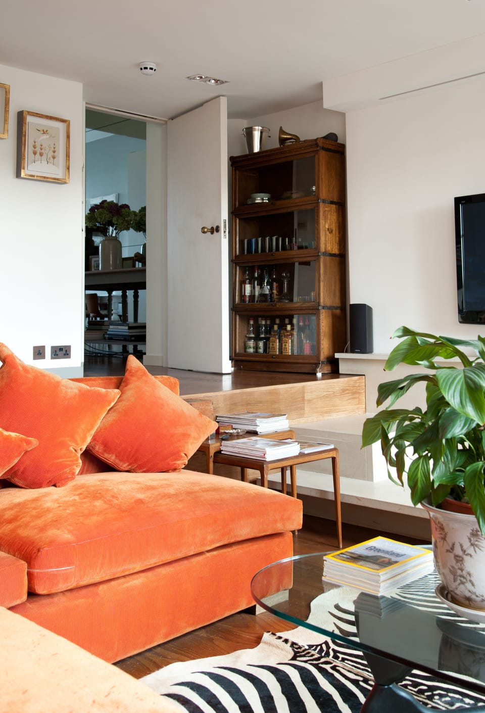 Living room with TV and projector and screen, sky, apple TV, DVD