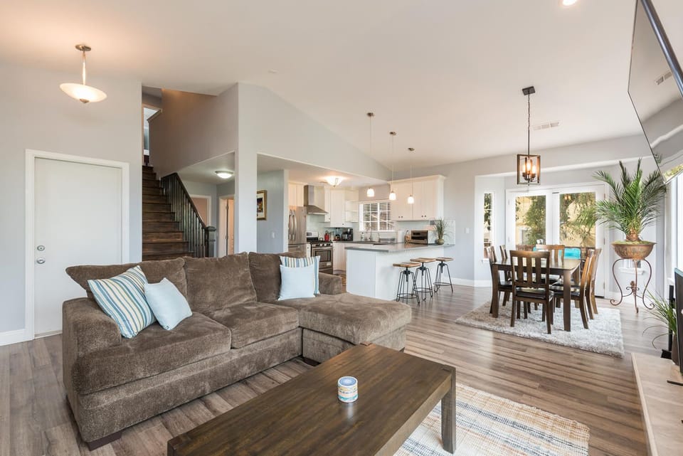 Full downstairs view, living, dining, kitchen