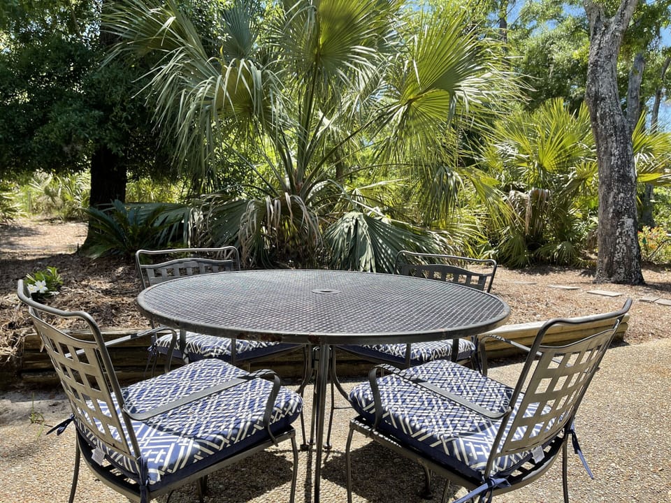 Private, quiet back patio has a deep view of Live Oak and Palmetto Trees. 
