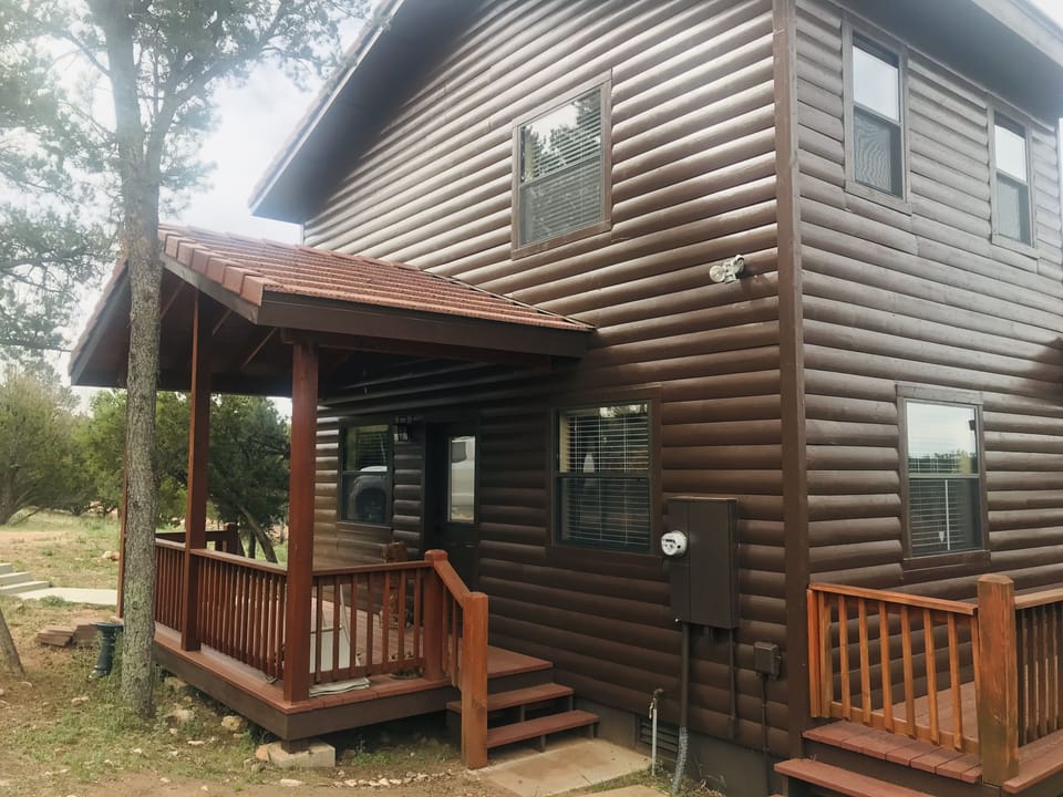 Front of Chalet, front porch and front entrance.