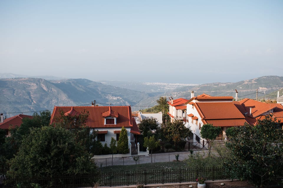 The view from the living room balcony. In the background, the town of Aigio
