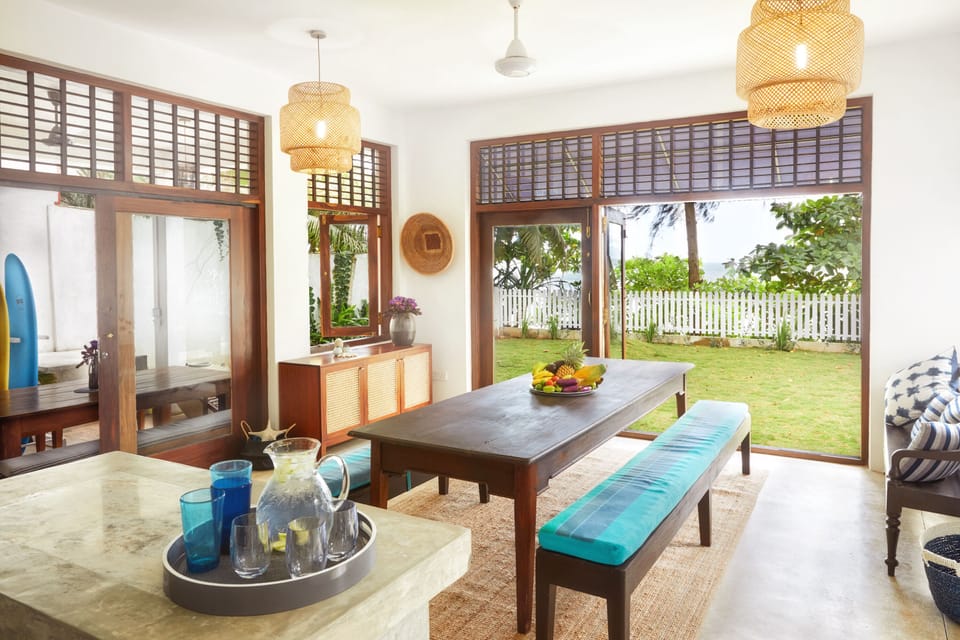 Out kitchen dining room table seats 12 with outside patio dining also.