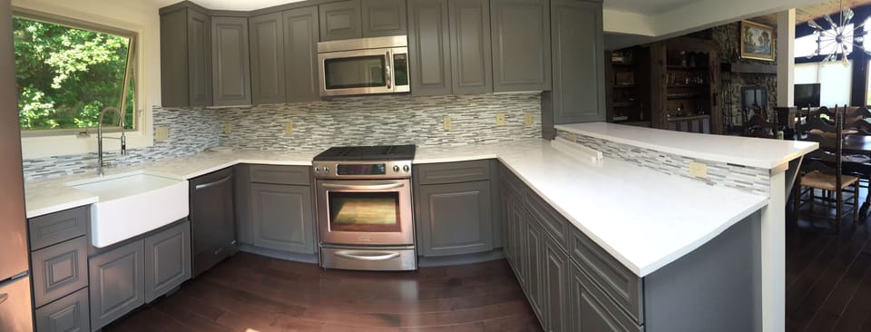 brand new customer kitchen leads into dining area and upper living room