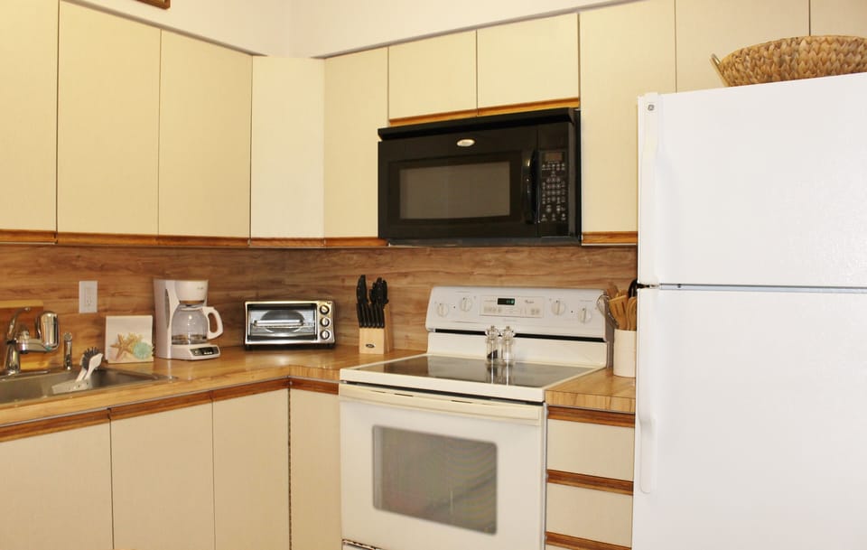 Fully stocked kitchen.