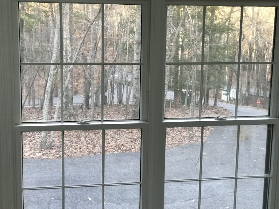Window overlooking the parking area.
