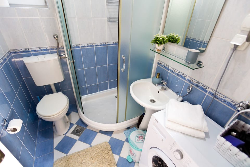 Bathroom with a shower and a washing machine. 