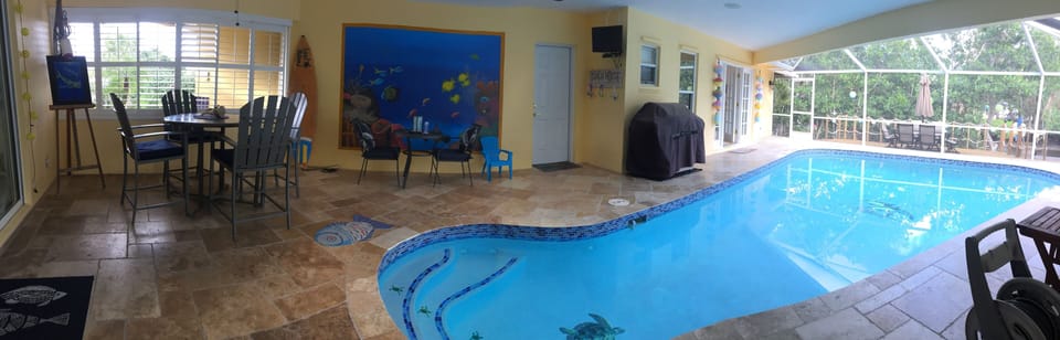 Pool is heated. Nice size grill.