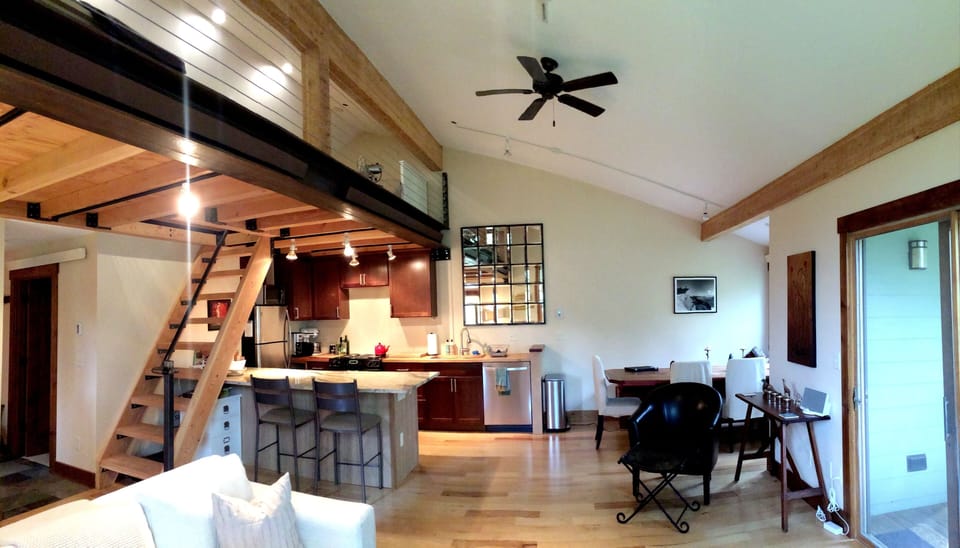 View of kitchen from living room. 