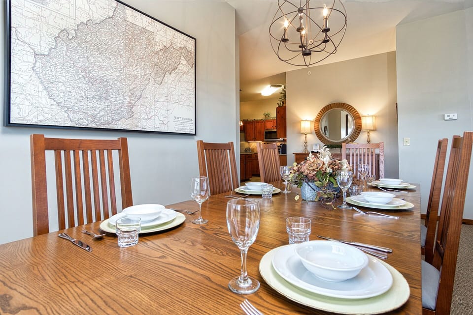 The dining table seats 8.