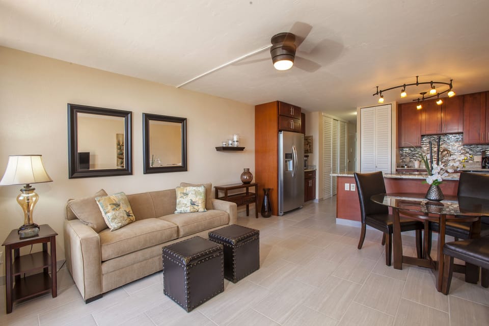 Living room with full size sofa sleeper