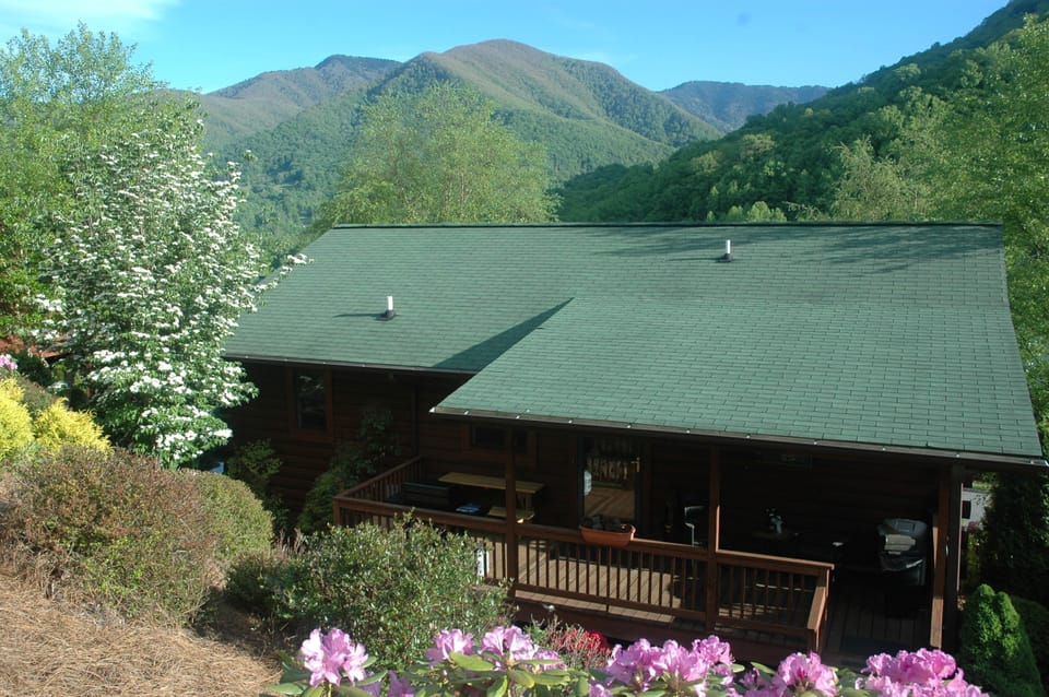 The back of our cozy cabin. This is an ideal place to bar-b-que and/or relax. 