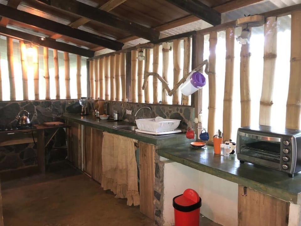 Fully-equipped kitchen made of sustainably-harvested bamboo. 