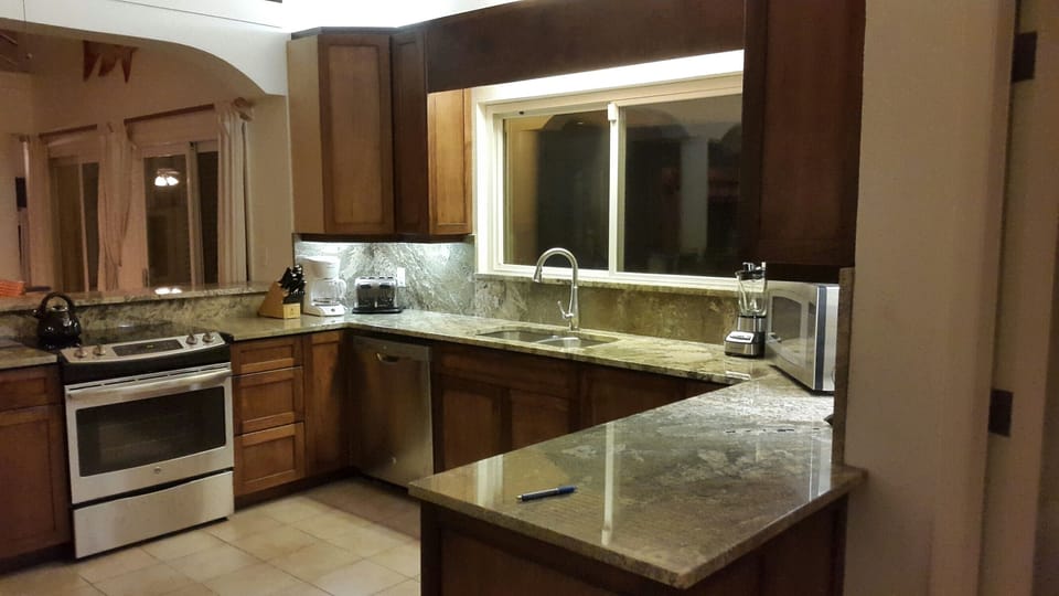 Newly remodeled kitchen at night