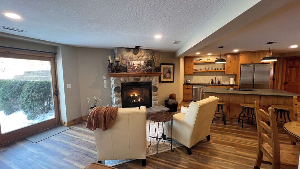 Cozy fireplace seating area.