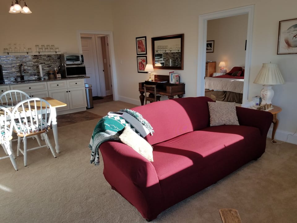 view of living room, king bed, kitchen/dining area