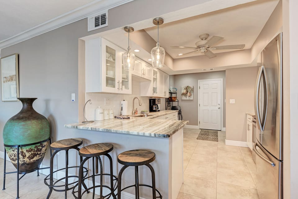kitchen counter and stools