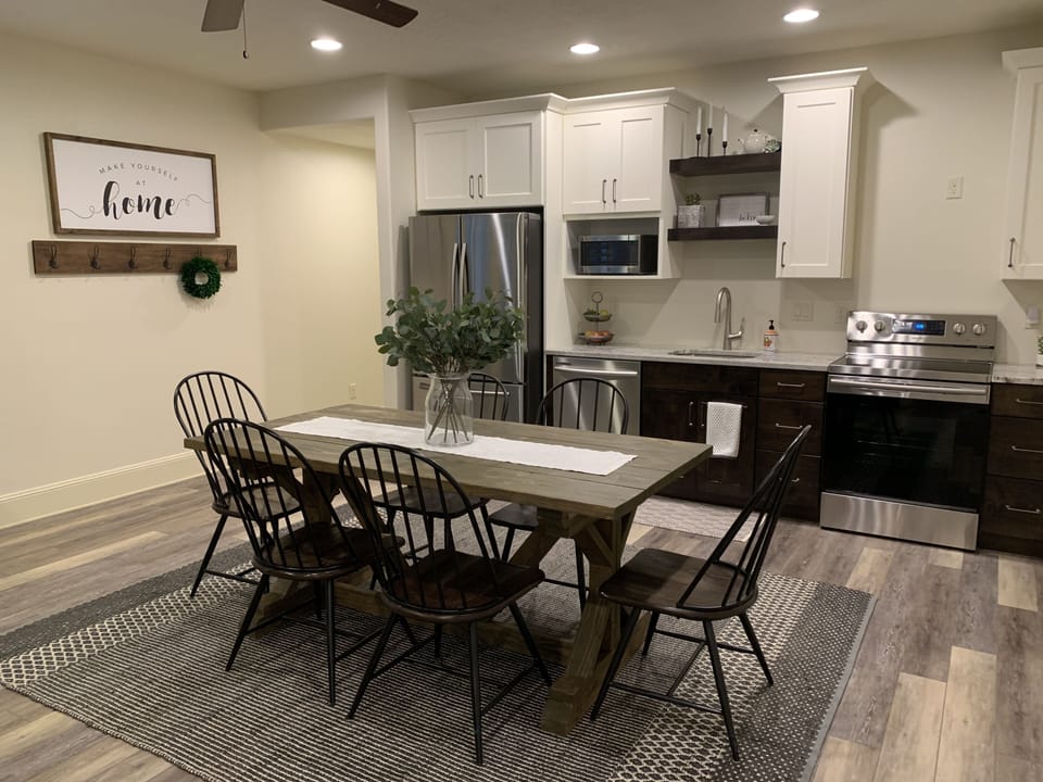 New eating area, kitchen, appliances, floor.