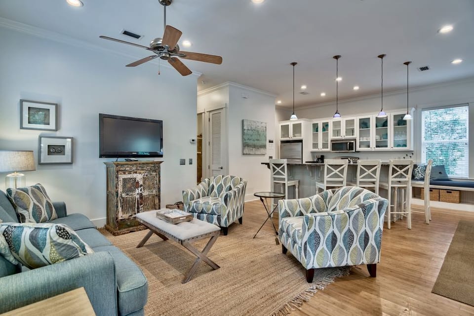 Family room with relaxing beach colors. 