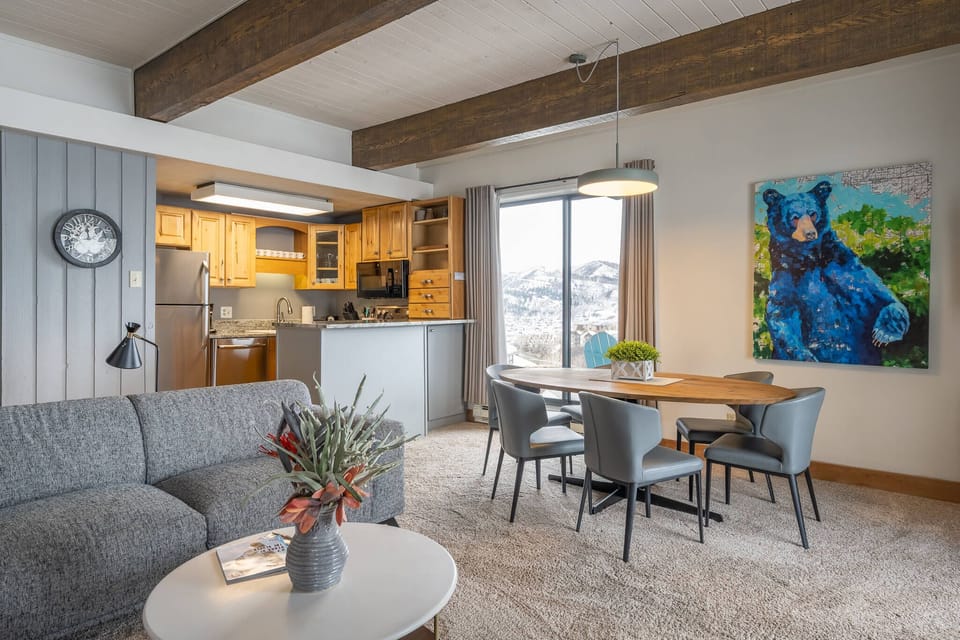The open floor plan flows nicely from the kitchen to the dining area to the living room