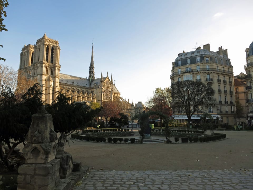 Notre-Dame, the apartment's building on the right, and the Square Viviani