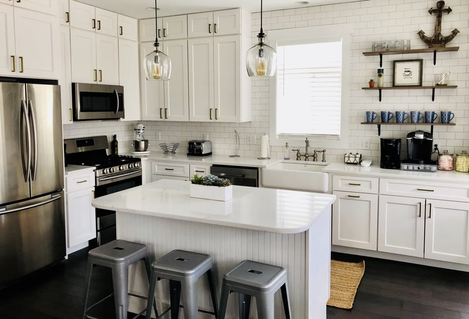 Fully equipped, brand new kitchen.  The Island is a great space to gather!