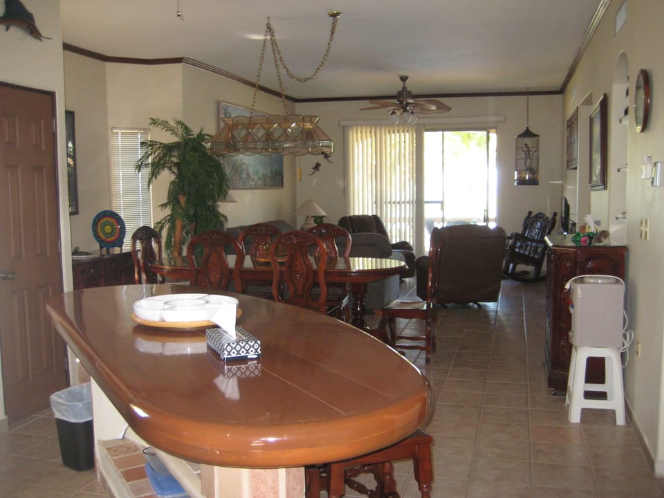 Looking from the open kitchen into the dining and living room.