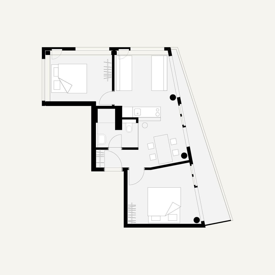 Floor plan: "Dreifach" 2-bedroom apartment type. 6 guests max.