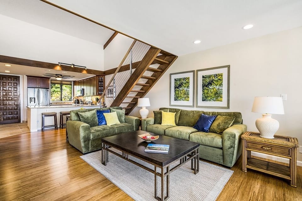 Living Room and Stairs Looking at the Kitchen at Kona Hawai'i Vacation Rentals