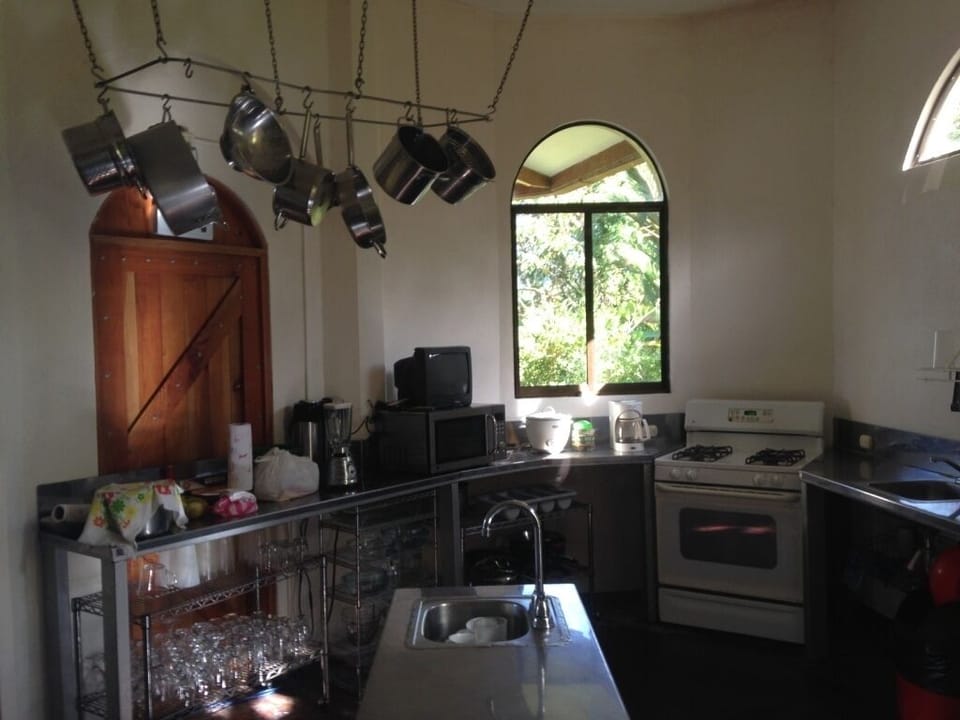 half of the commercial style kitchen.  two stove/ovens , two sinks and prep area