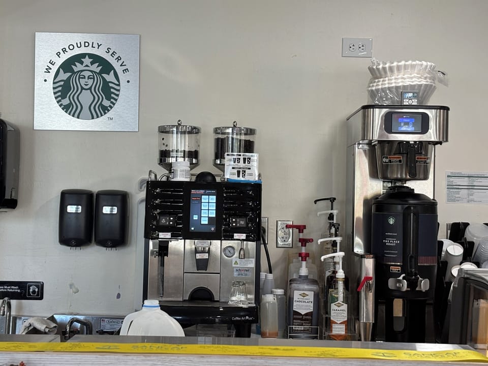 Starbucks at the Marketplace. Hours 7AM - 6PM.