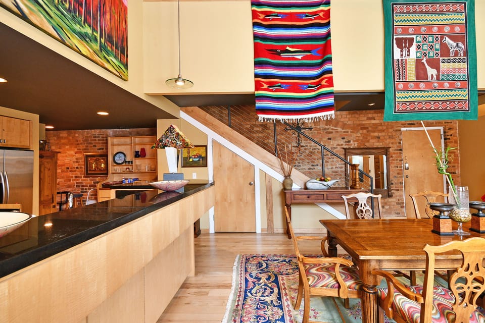 Dining room and kitchen.