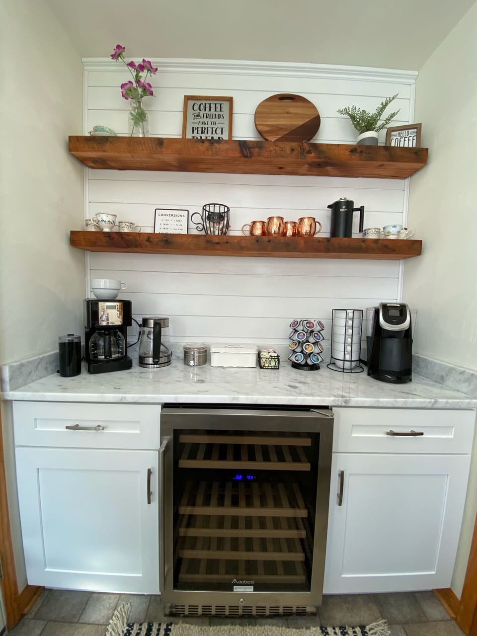 Butlers pantry with dual zone wine fridge & complimentary coffee and tea bar!