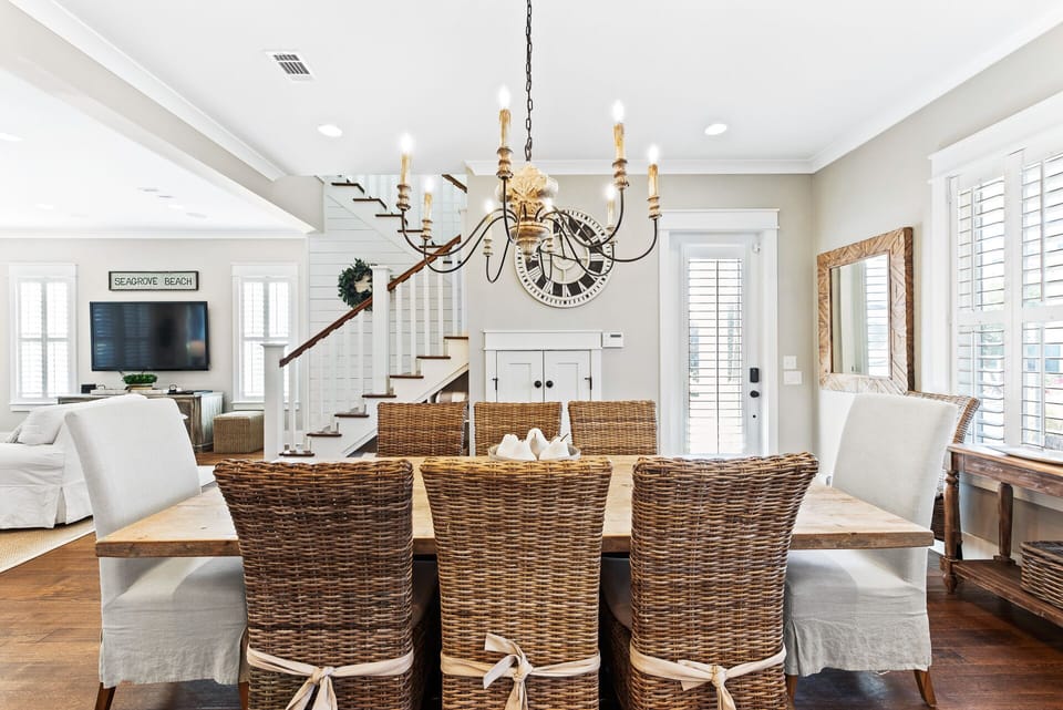 Enjoy your meal under a beautiful chandelier.