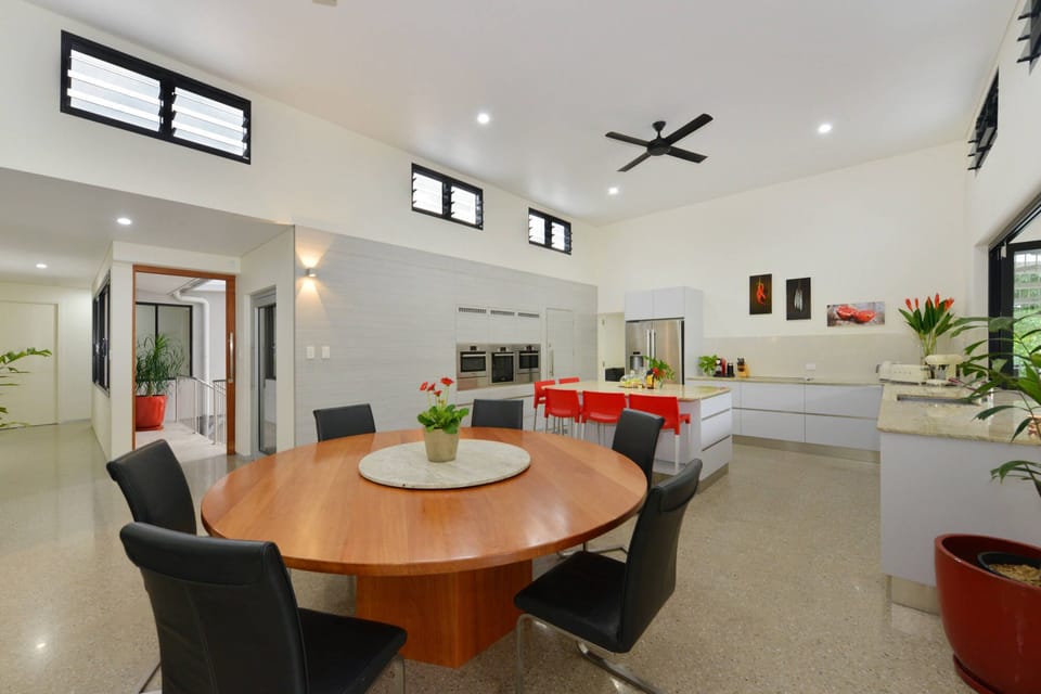 This custom crafted dining table seats six guests. 