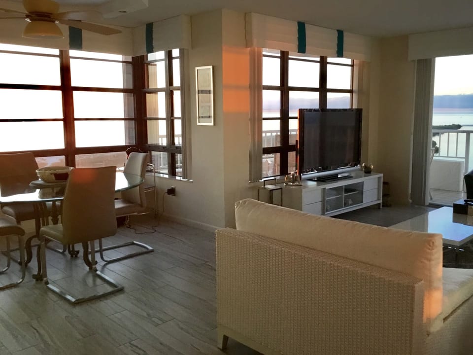 Dining and living room at sunset 