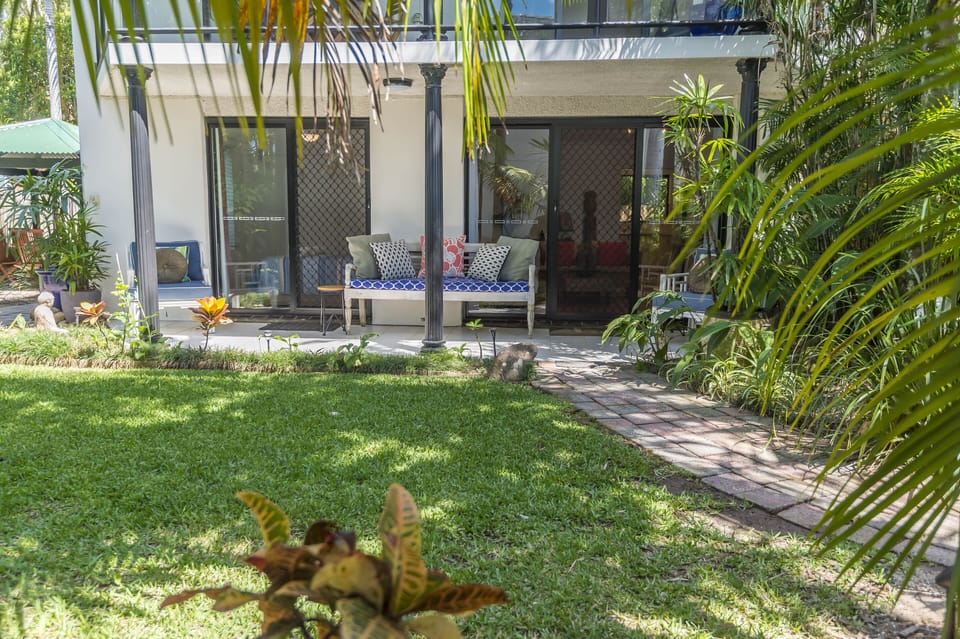 Outdoor covered seating area.