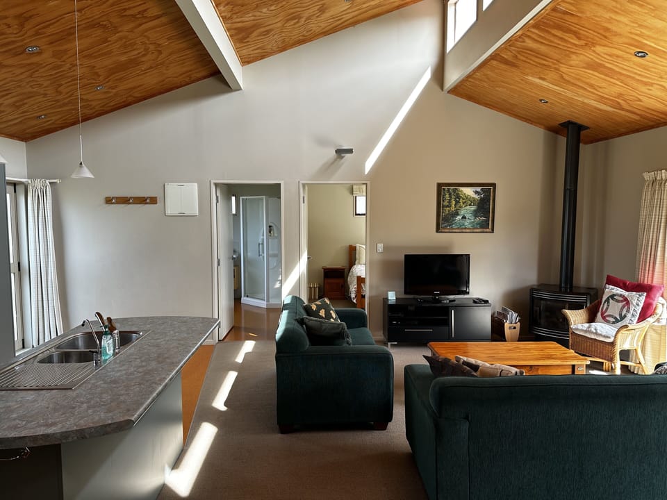 Open plan living with gas flame fire