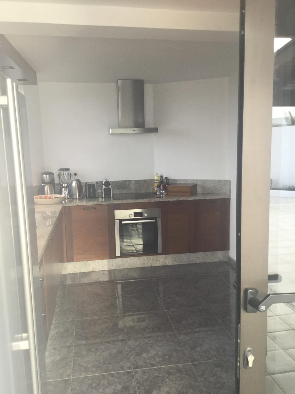 Looking into the kitchen through the sliding door