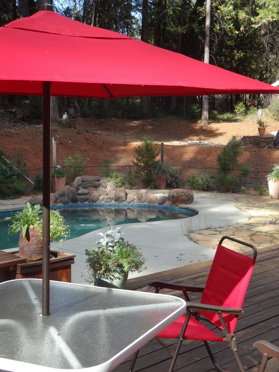 Private backyard with large deck and pool.