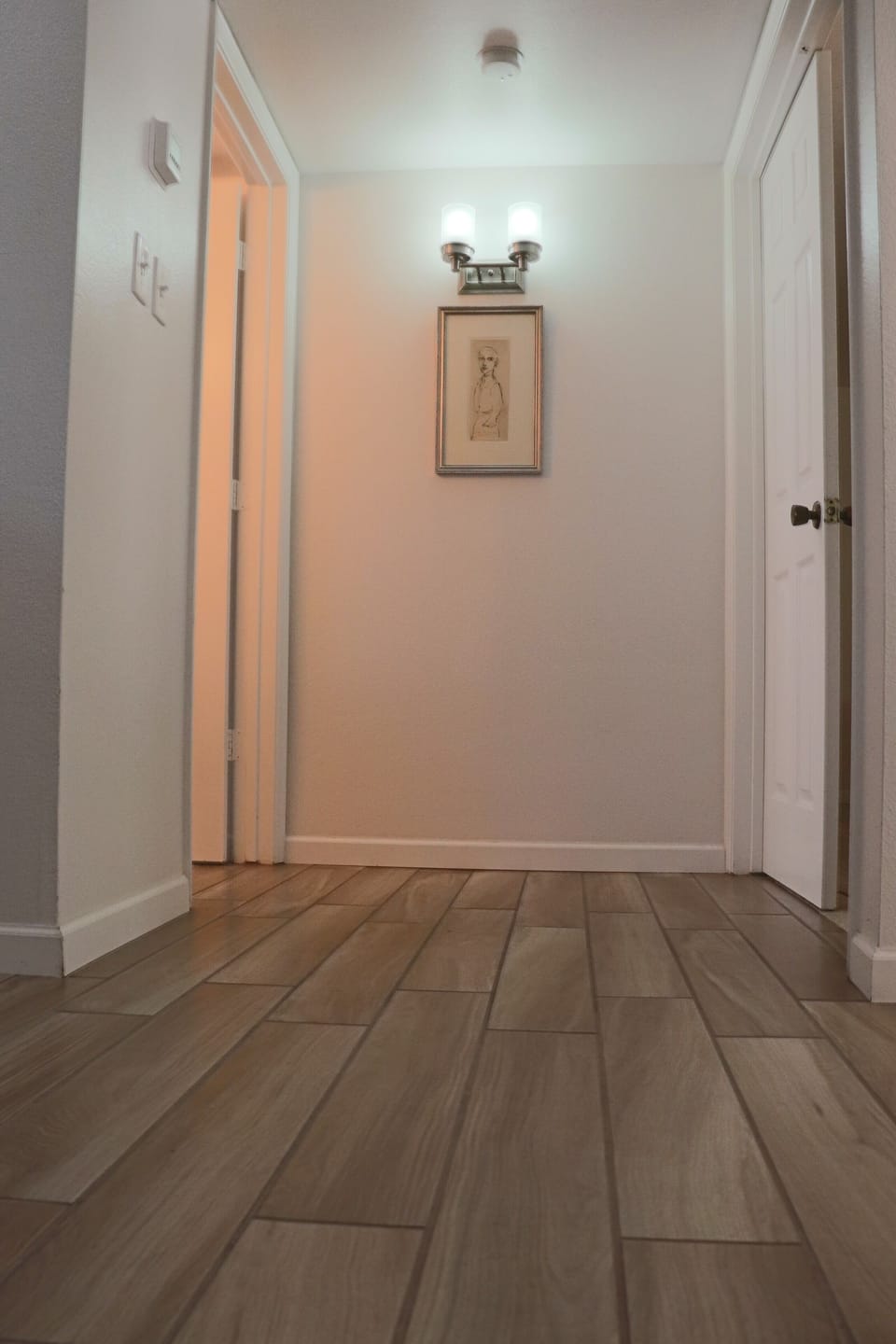 Porcelain wood style plank floors.