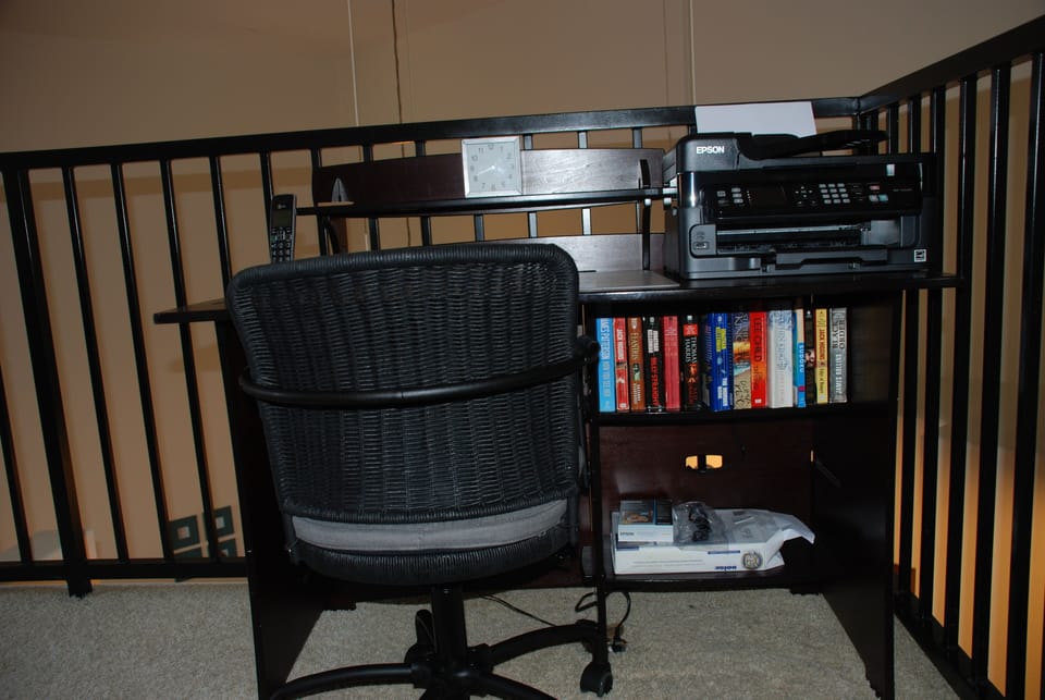 Well appointed desk area complete with a collection of books and a printer.