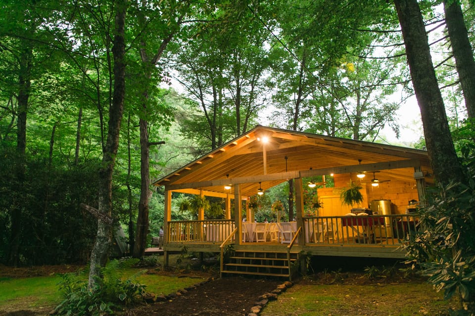 Outdoor living shelter along the edge of Laurel Fork Stream.